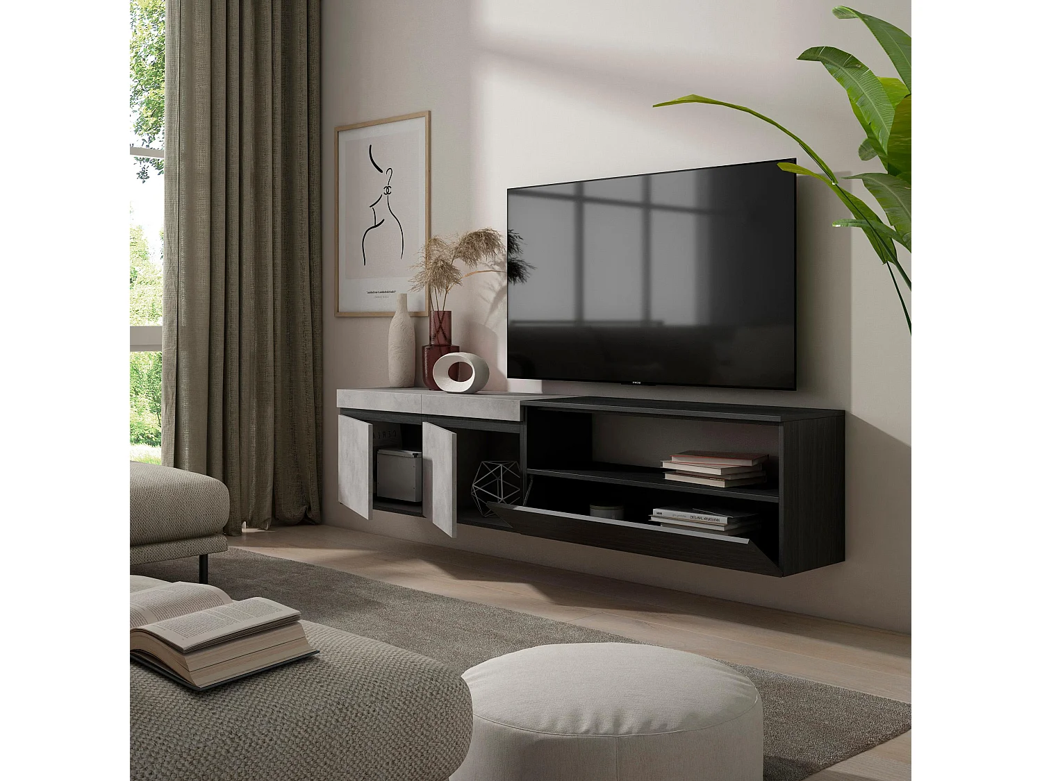 TV-Meubel, Lowboard, 200x35x45cm, Voor tv's tot 80", Hangend, Cement