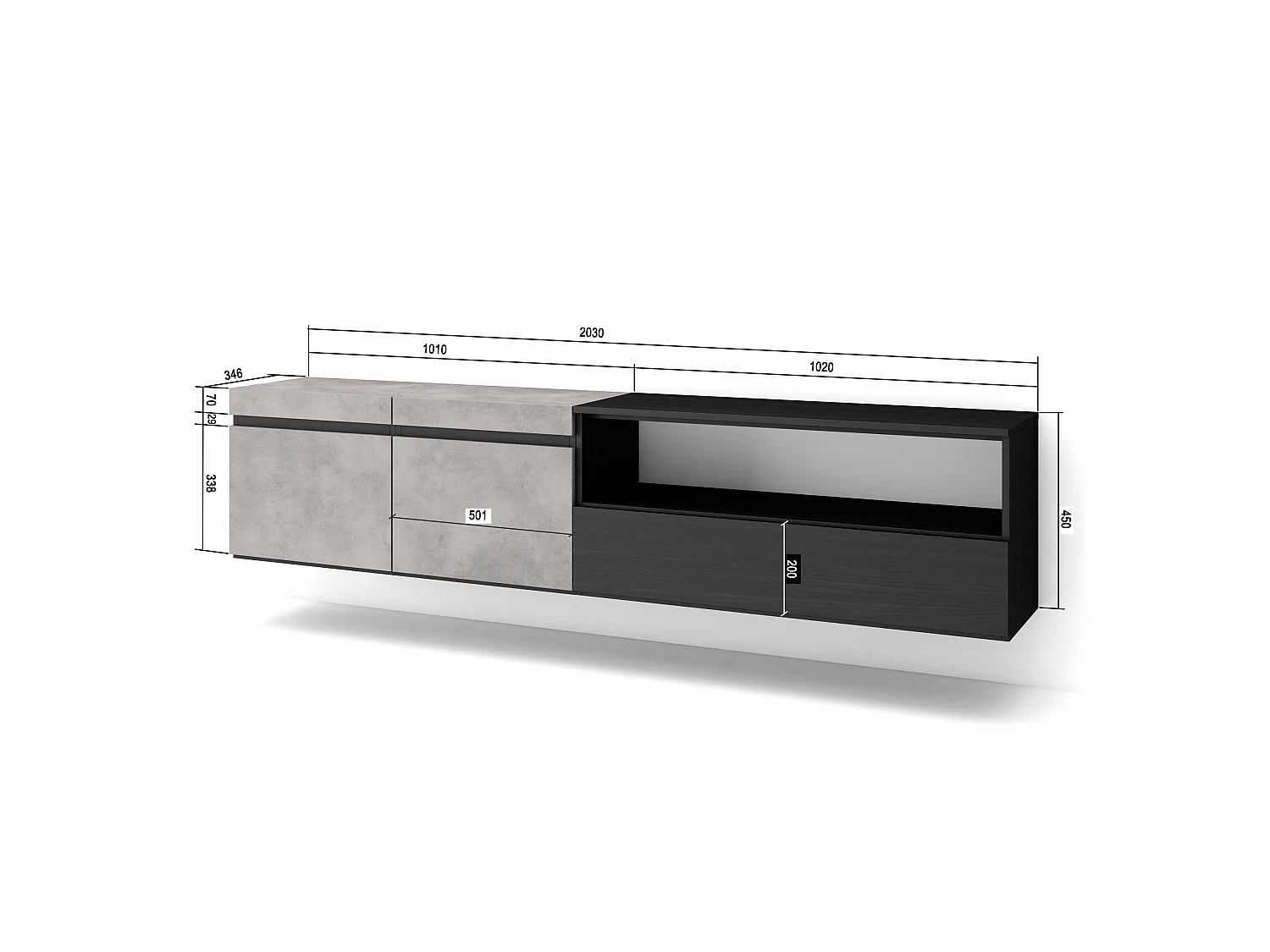 TV-Meubel, Lowboard, 200x35x45cm, Voor tv's tot 80", Hangend, Cement
