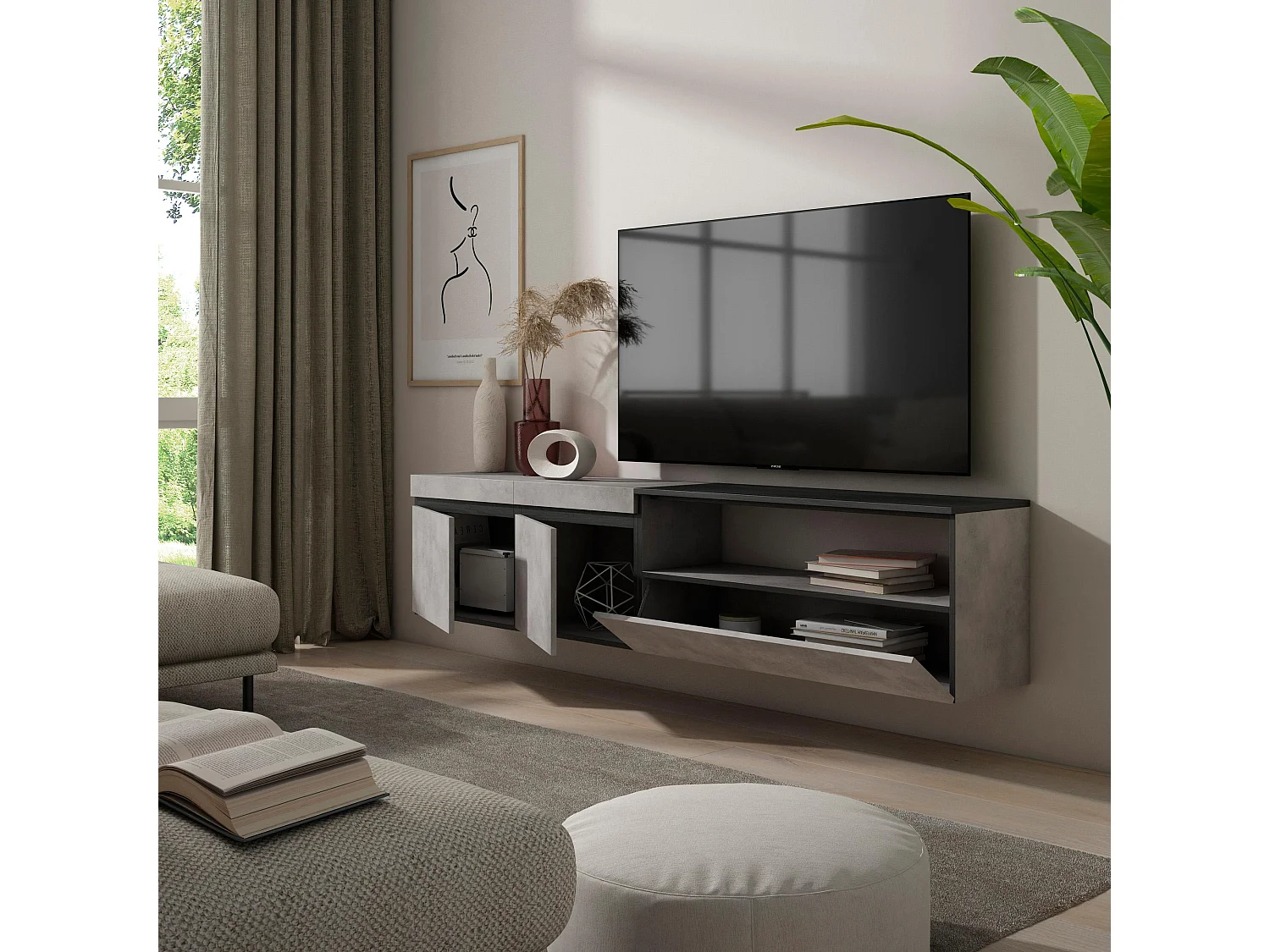 Meuble TV, Banc Télé, 200x35x45cm, Pour les TV jusqu'à 80", Suspendu, Mural, Ciment