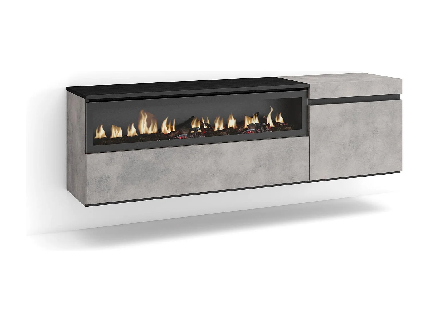 Mobile TV Soggiorno, 150x35x45cm, Per TV fino a 65", Camino elettrico, Sospeso, da appendere, Cemento