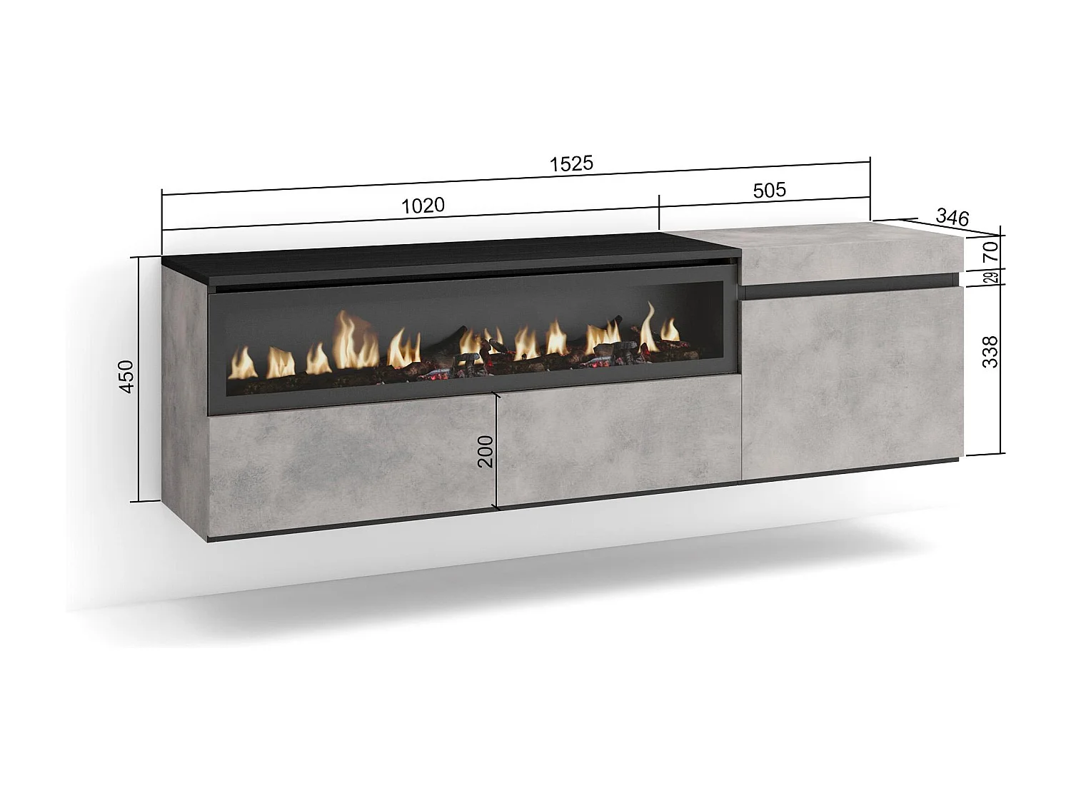 Mobile TV Soggiorno, 150x35x45cm, Per TV fino a 65", Camino elettrico, Sospeso, da appendere, Cemento