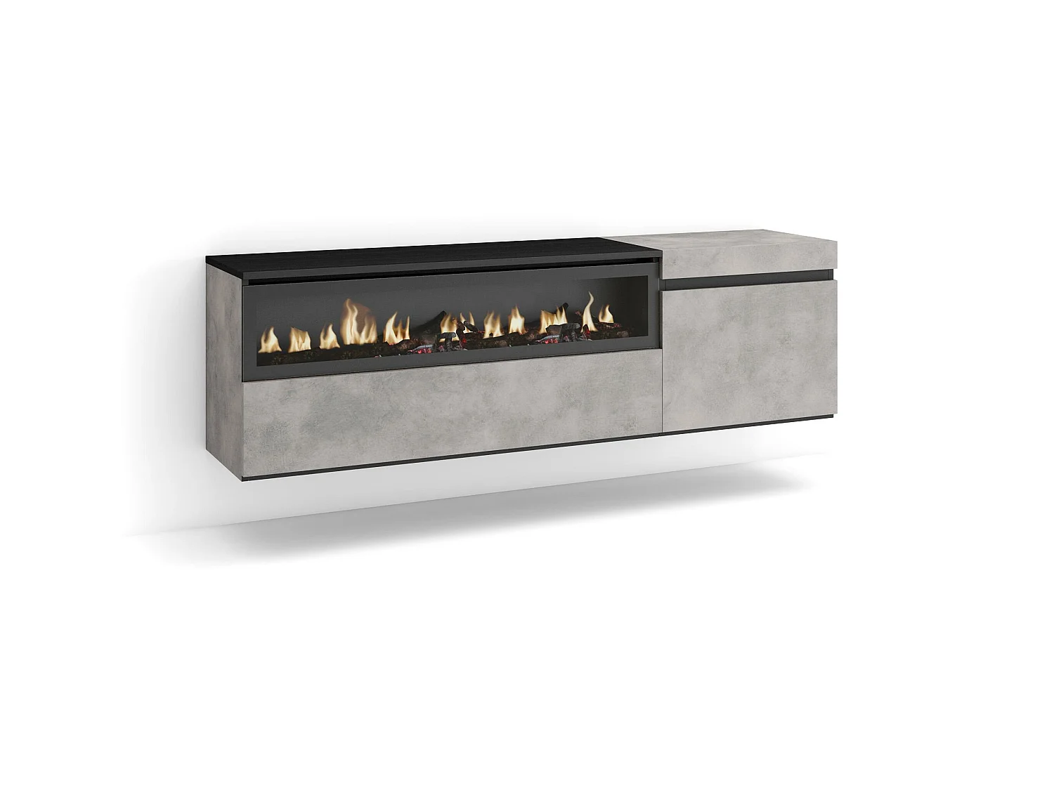 TV-Meubel, Lowboard, 150x35x45cm, Voor tv's tot 65", Elektrische haard, Hangend, Cement