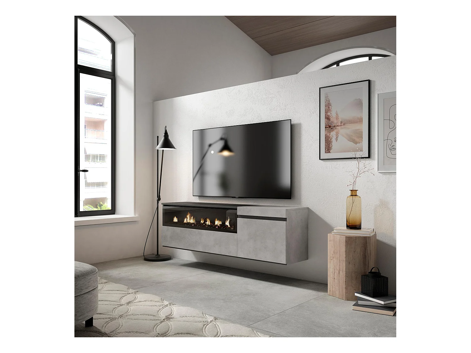 Meuble TV, Banc Télé, 150x35x45cm, Pour les TV jusqu'à 65", Cheminée électrique, Suspendu, Mural, Ciment