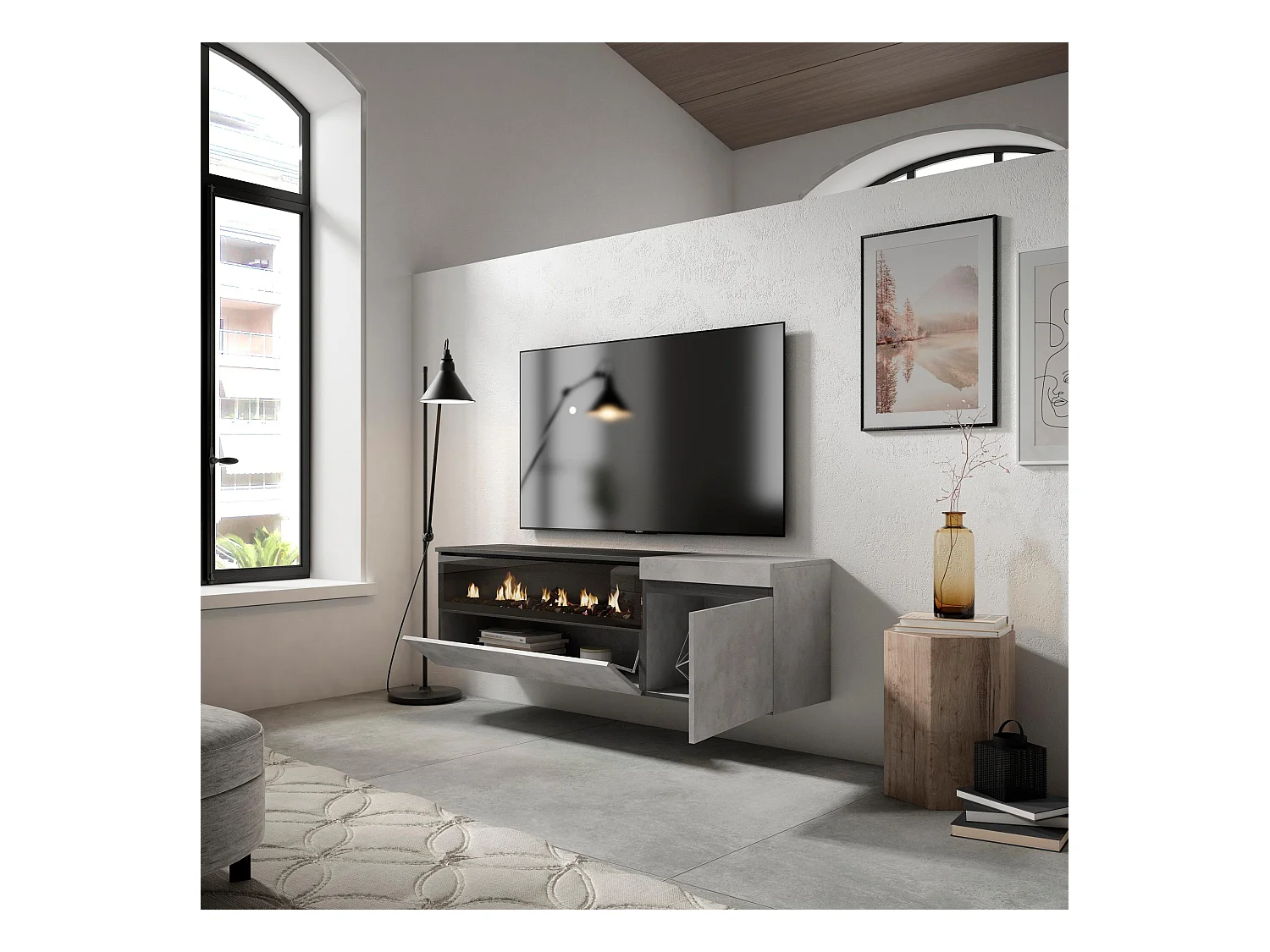 Meuble TV, Banc Télé, 150x35x45cm, Pour les TV jusqu'à 65", Cheminée électrique, Suspendu, Mural, Ciment