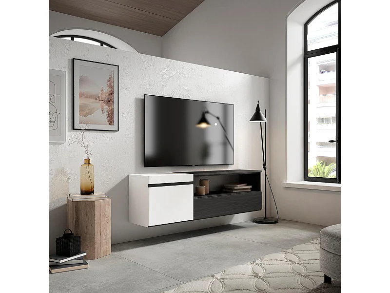 TV-Schrank, Lowboard, 150x35x45cm, Für TV-Geräte bis zu 65", Hängend, Weiß und Schwarz