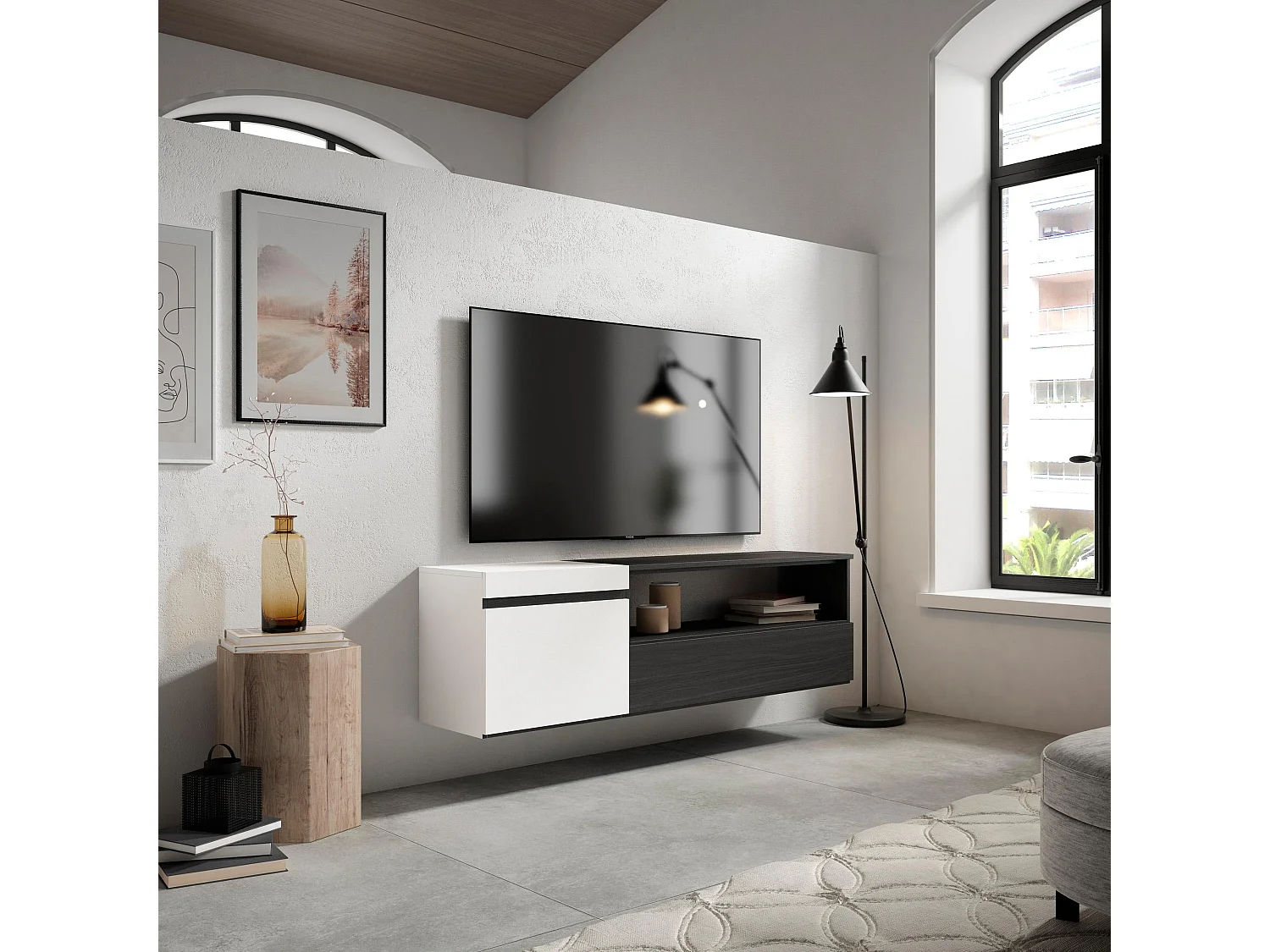 TV-Schrank, Lowboard, 150x35x45cm, Für TV-Geräte bis zu 65", Hängend, Weiß und Schwarz