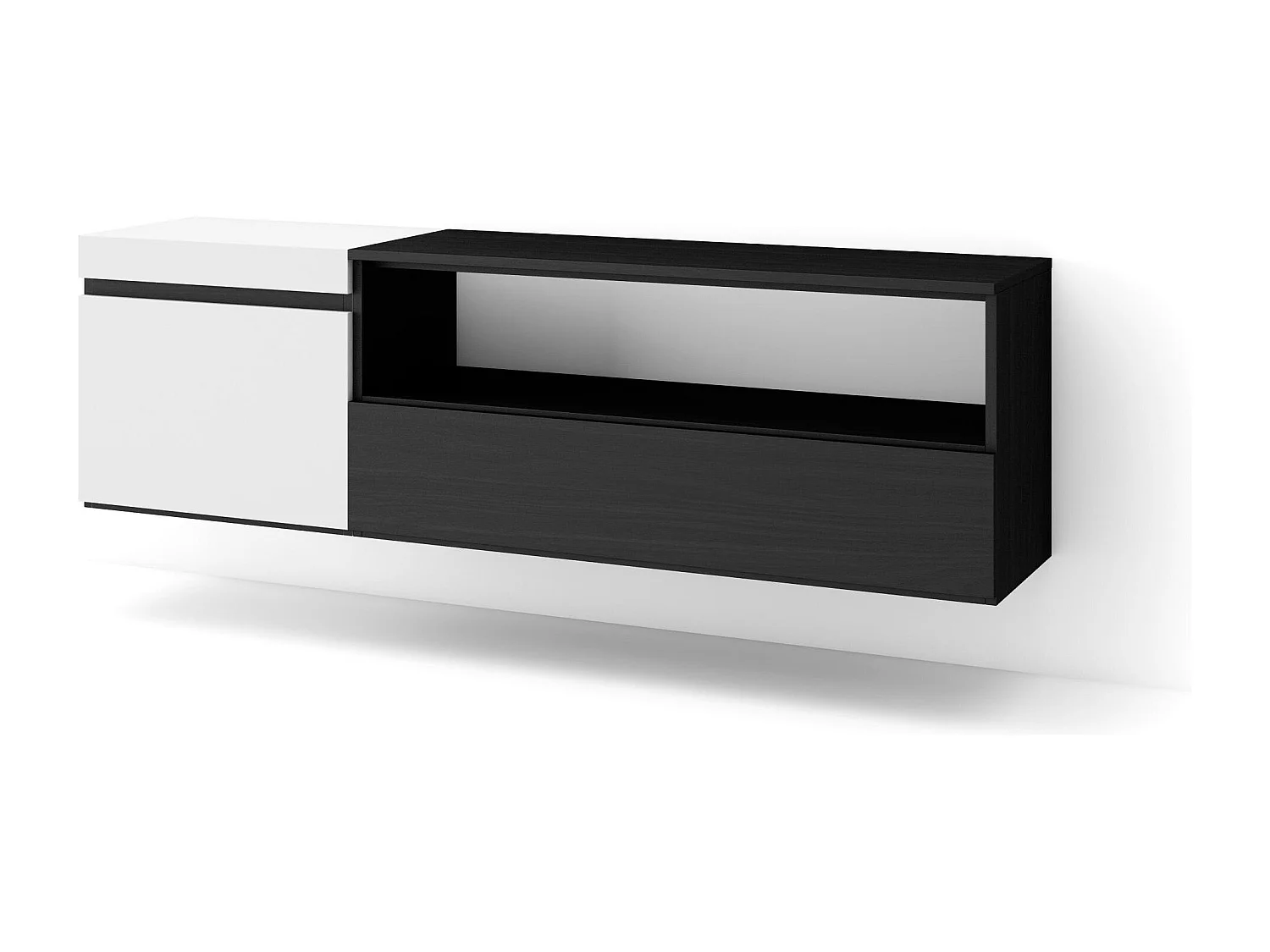 TV-Schrank, Lowboard, 150x35x45cm, Für TV-Geräte bis zu 65", Hängend, Weiß und Schwarz