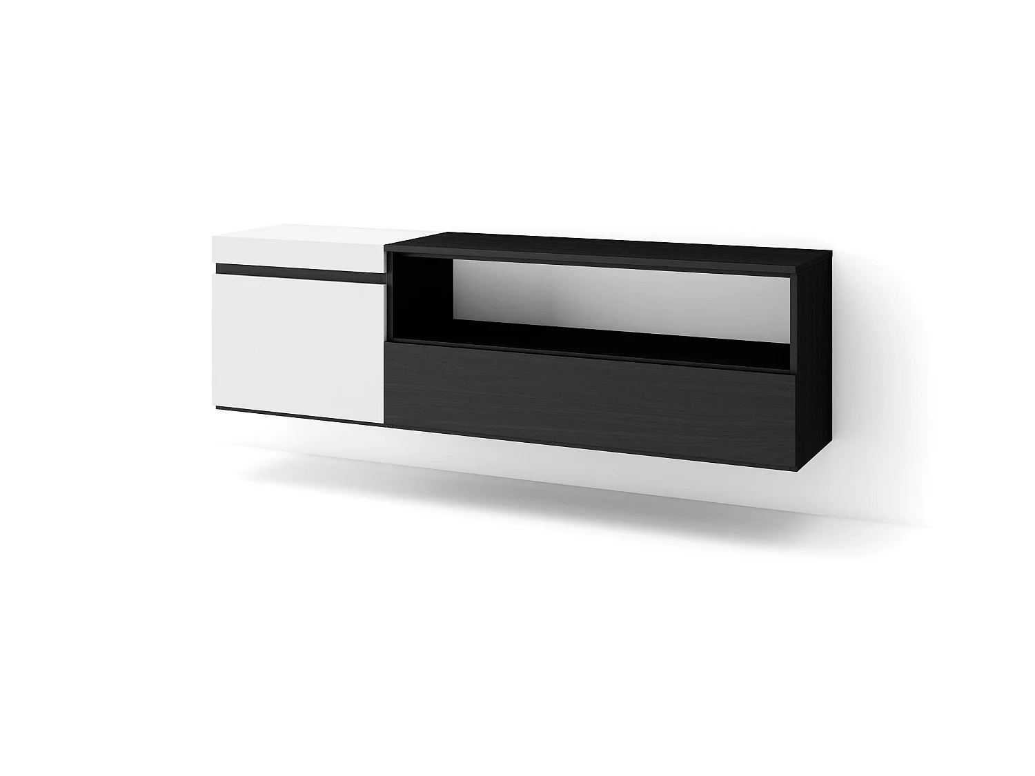 Meuble TV, Banc Télé, 150x35x45cm, Pour les TV jusqu'à 65", Suspendu, Mural, Blanc et noir
