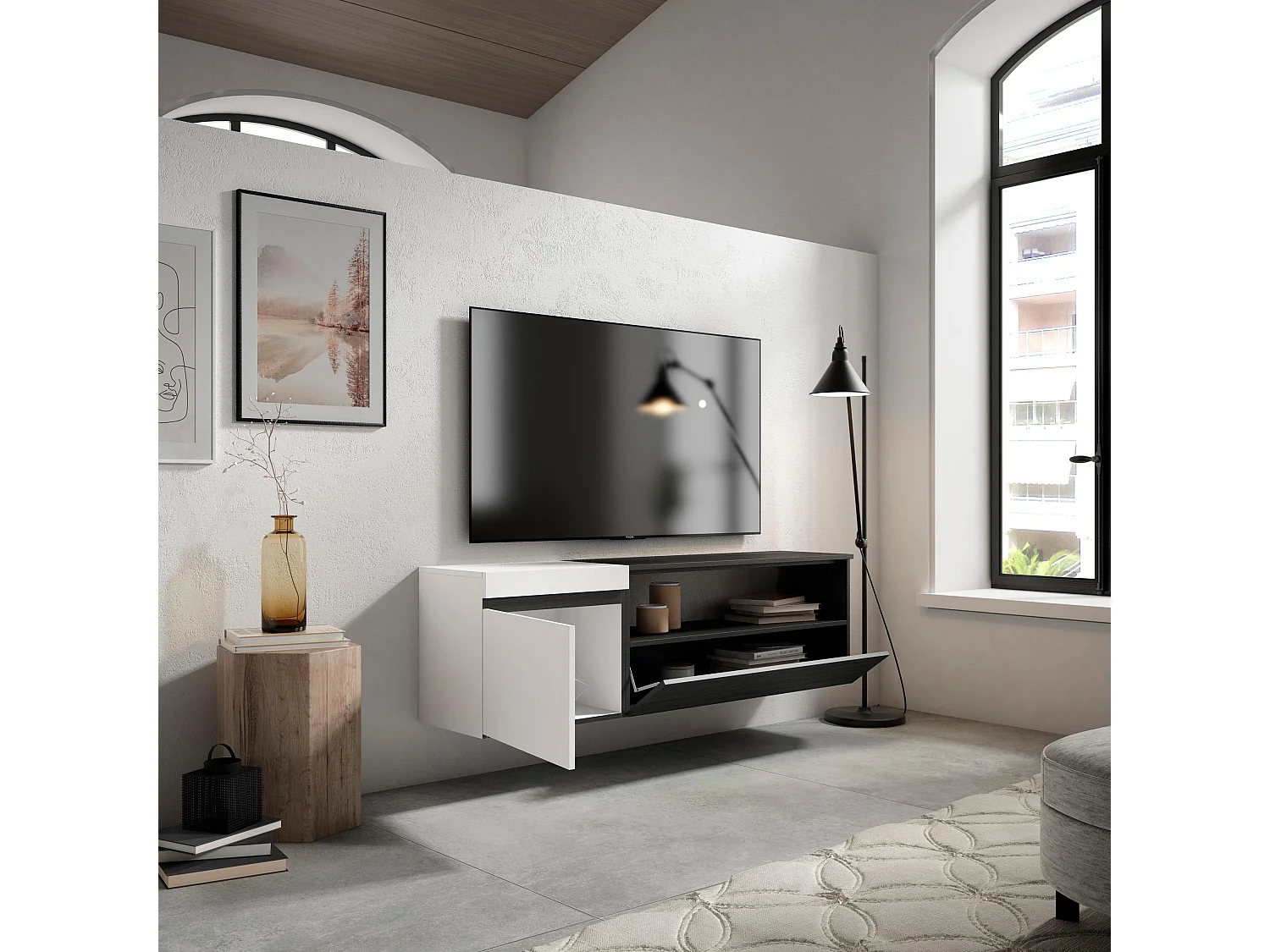 Meuble TV, Banc Télé, 150x35x45cm, Pour les TV jusqu'à 65", Suspendu, Mural, Blanc et noir