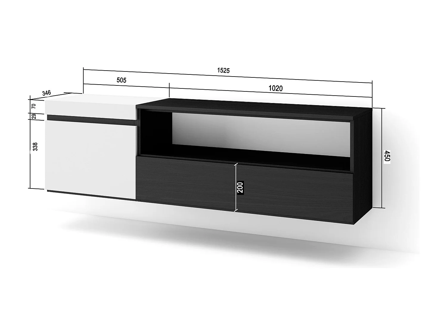 Meuble TV, Banc Télé, 150x35x45cm, Pour les TV jusqu'à 65", Suspendu, Mural, Blanc et noir