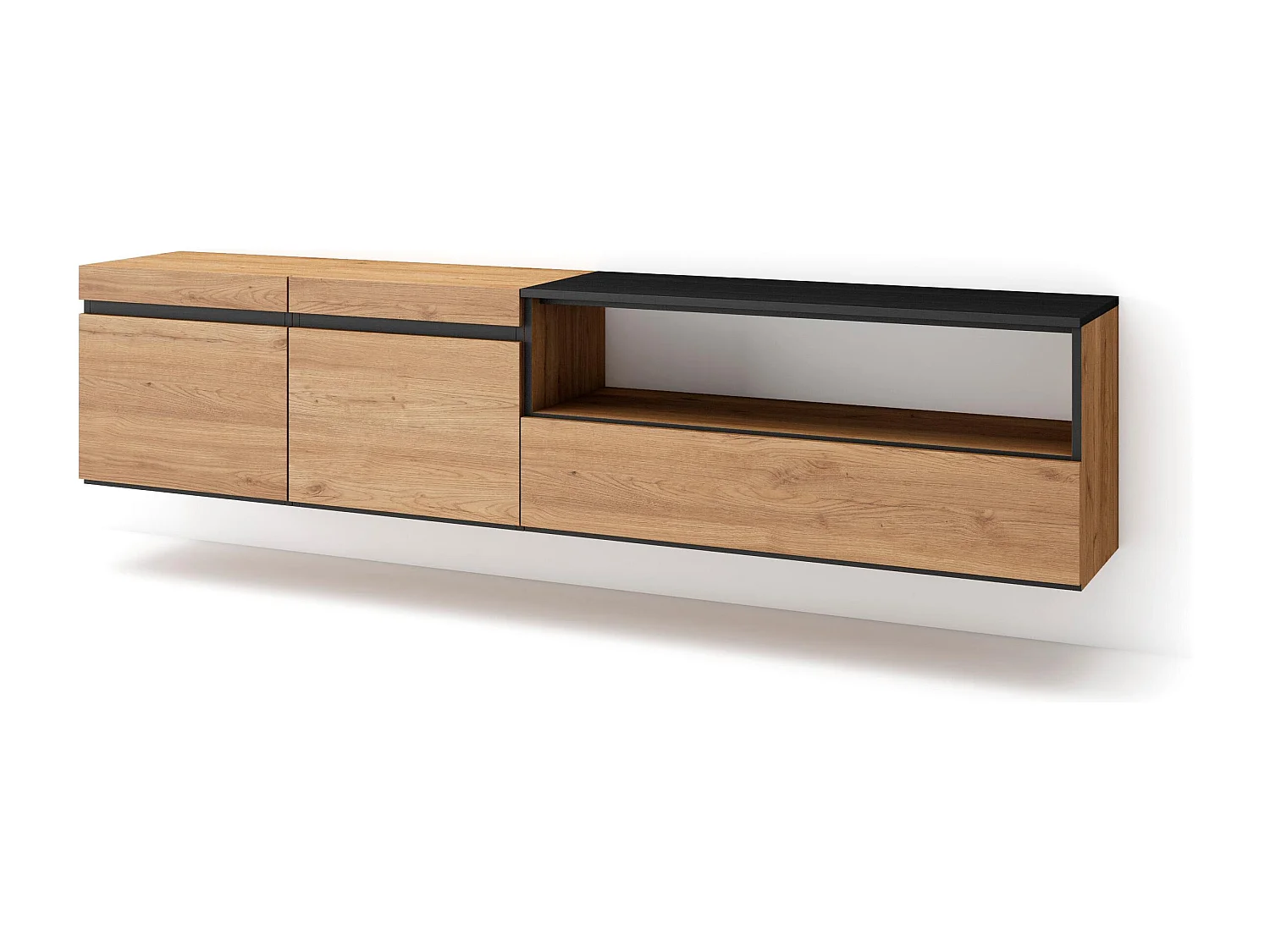 TV-Schrank, Lowboard, 200x35x45cm, Für TV-Geräte bis zu 80", Hängend, Eiche Schwarz
