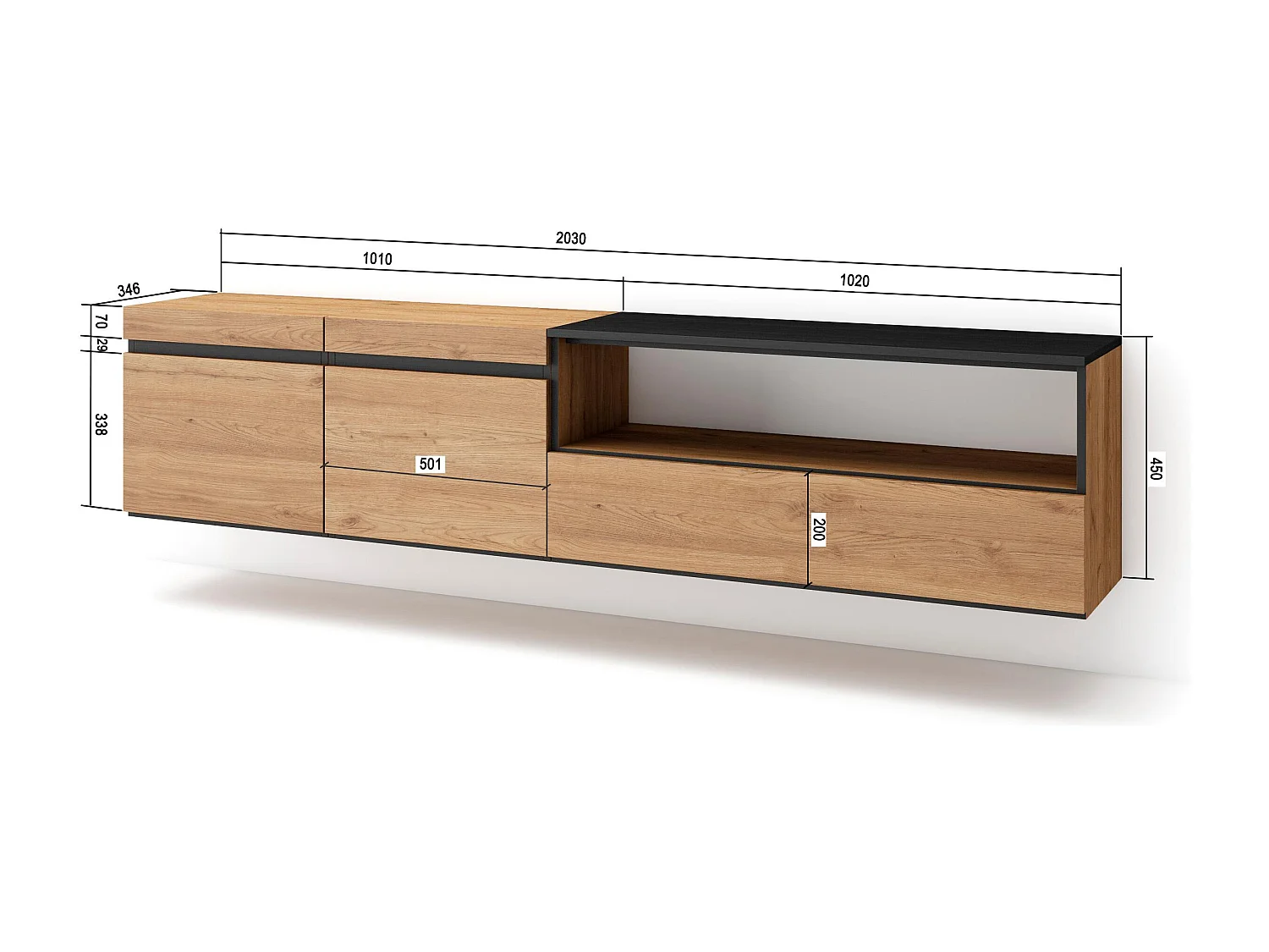 TV-Schrank, Lowboard, 200x35x45cm, Für TV-Geräte bis zu 80", Hängend, Eiche Schwarz