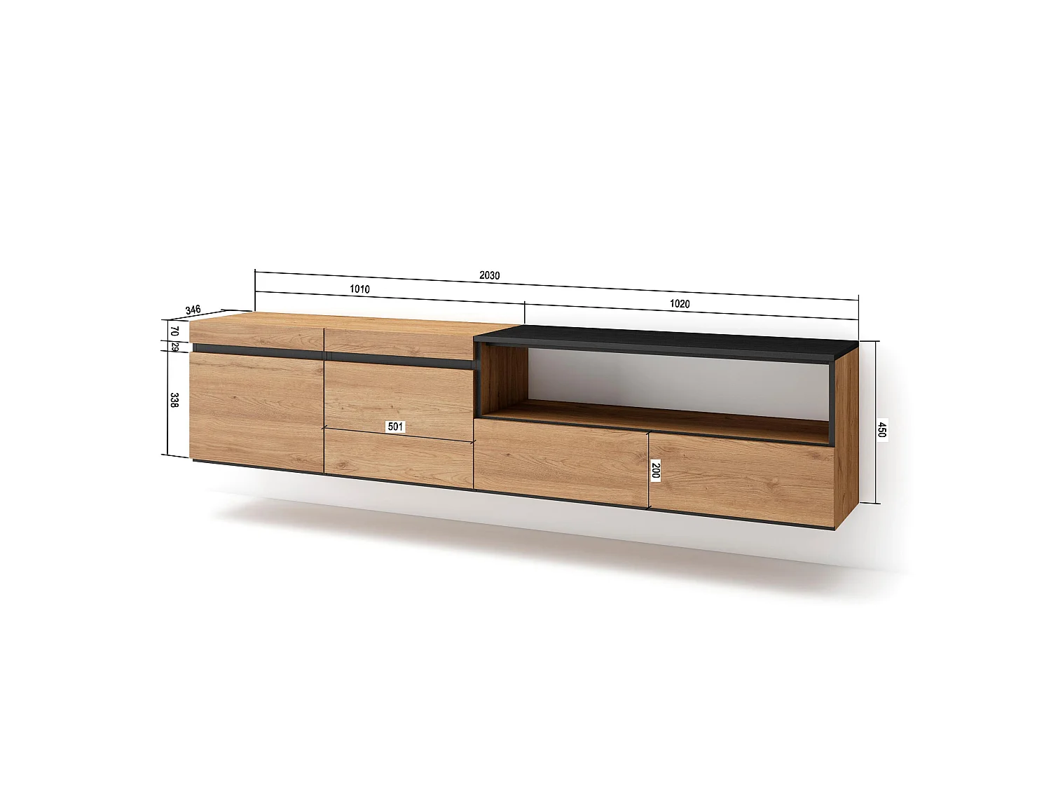 TV-Meubel, Lowboard, 200x35x45cm, Voor tv's tot 80", Hangend, Eiken/Zwart