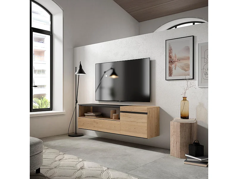 TV-Schrank, Lowboard, 150x35x45cm, Für TV-Geräte bis zu 65", Hängend, Eiche Schwarz