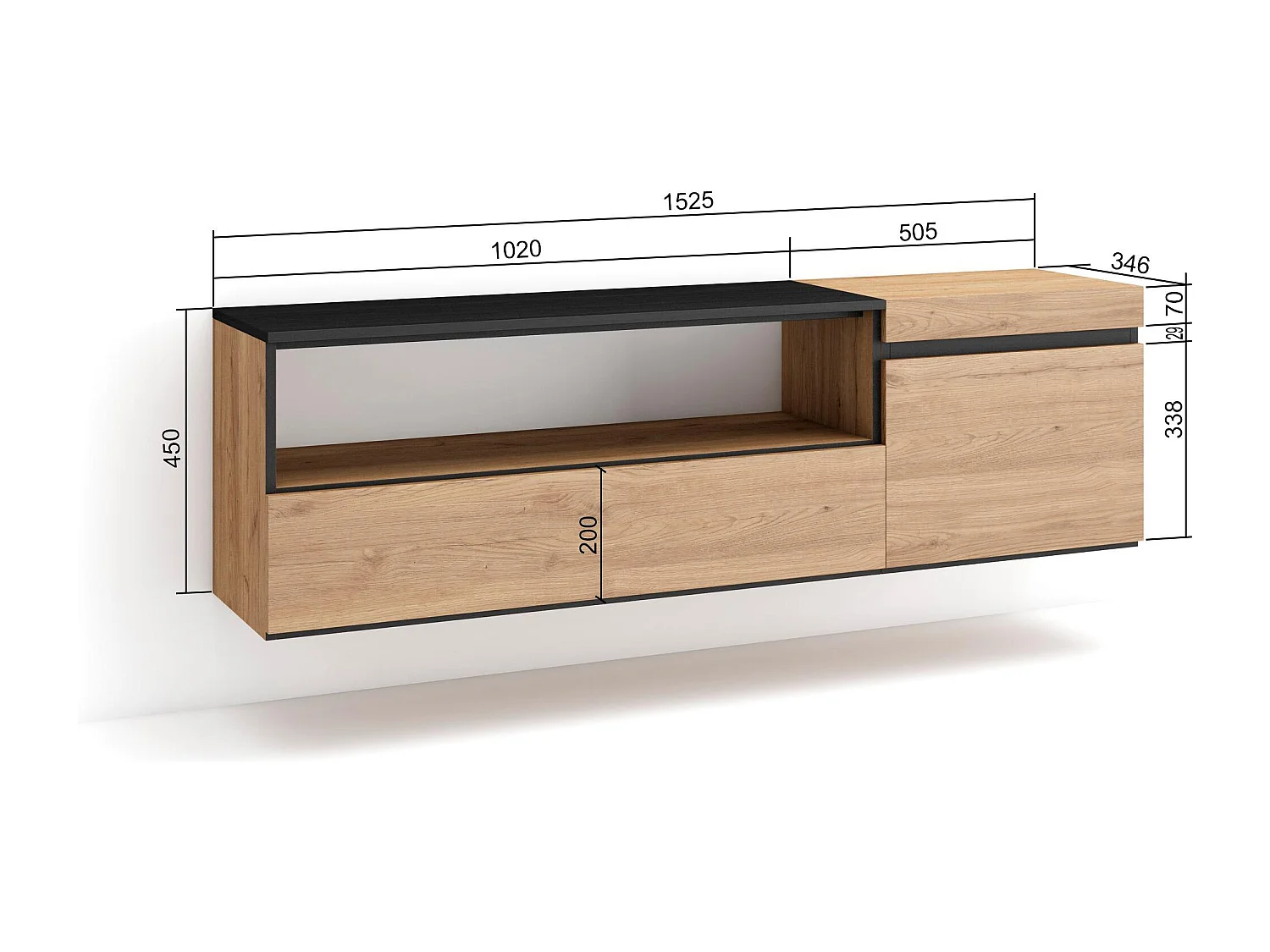 TV-Meubel, Lowboard, 150x35x45cm, Voor tv's tot 65", Hangend, Eiken/Zwart