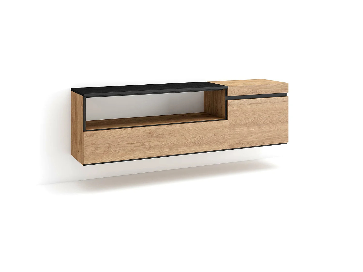 Meuble TV, Banc Télé, 150x35x45cm, Pour les TV jusqu'à 65", Suspendu, Mural, Chêne et noir