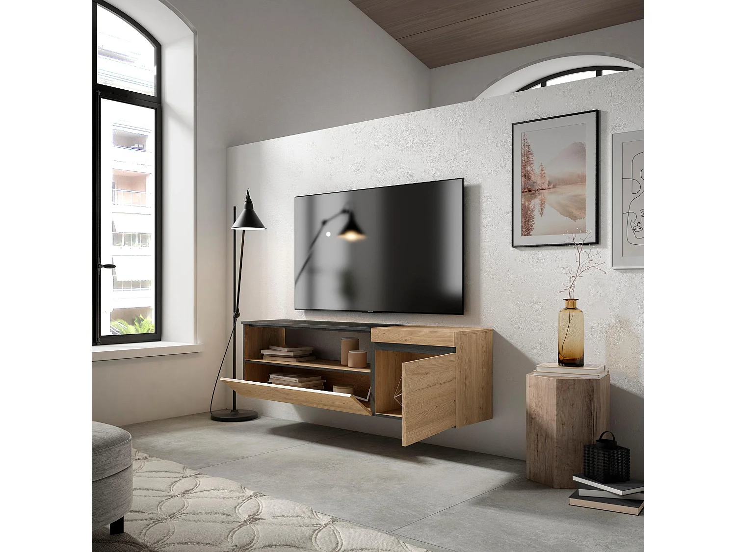 Meuble TV, Banc Télé, 150x35x45cm, Pour les TV jusqu'à 65", Suspendu, Mural, Chêne et noir