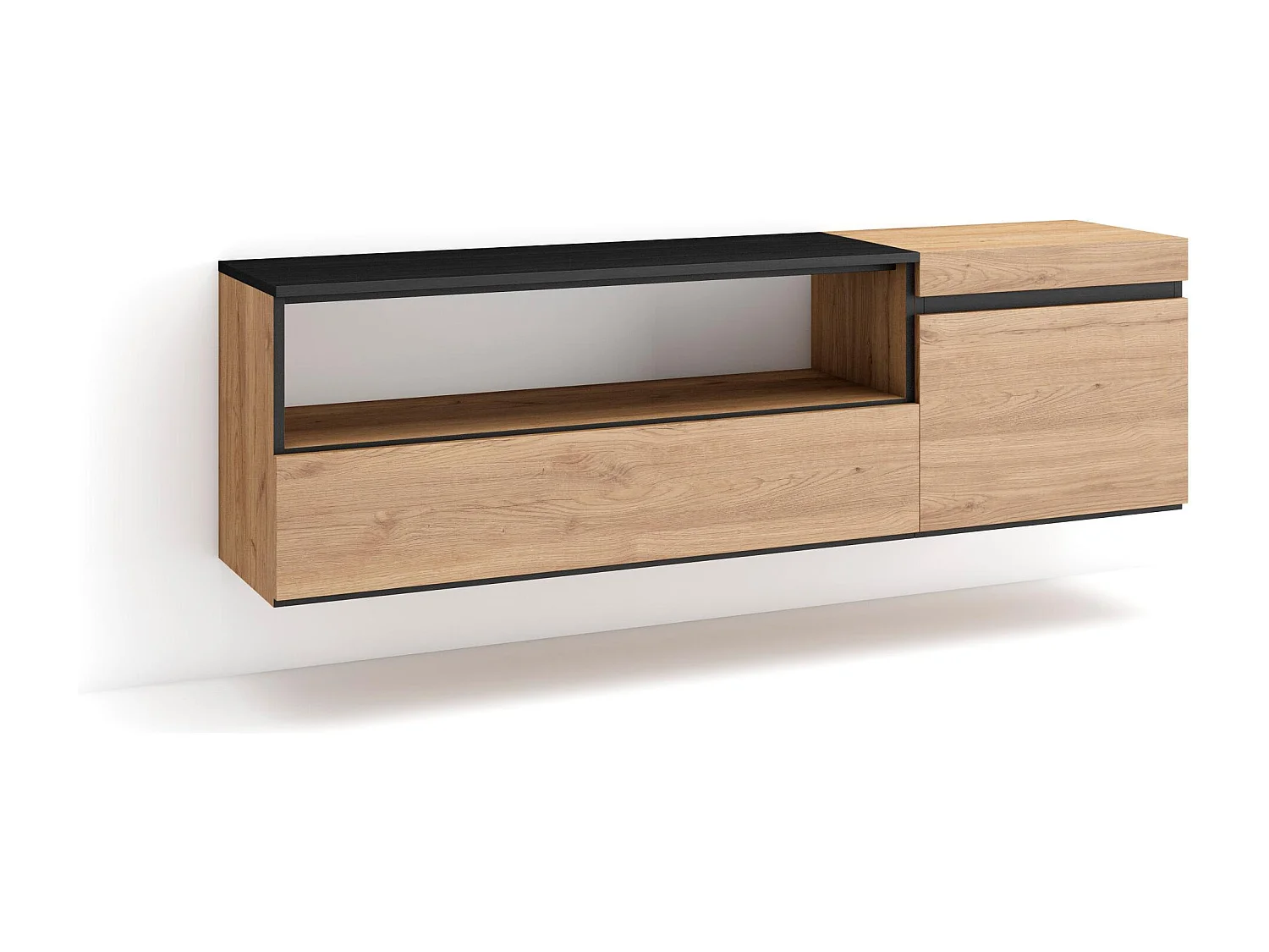 Meuble TV, Banc Télé, 150x35x45cm, Pour les TV jusqu'à 65", Suspendu, Mural, Chêne et noir