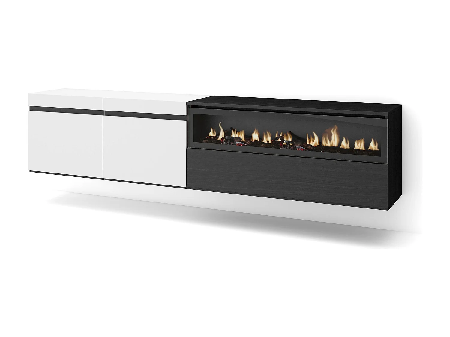 TV-Schrank, Lowboard, 200x35x45cm, Für TV-Geräte bis zu 80", Elektrokamin, Hängend, Weiß und Schwarz