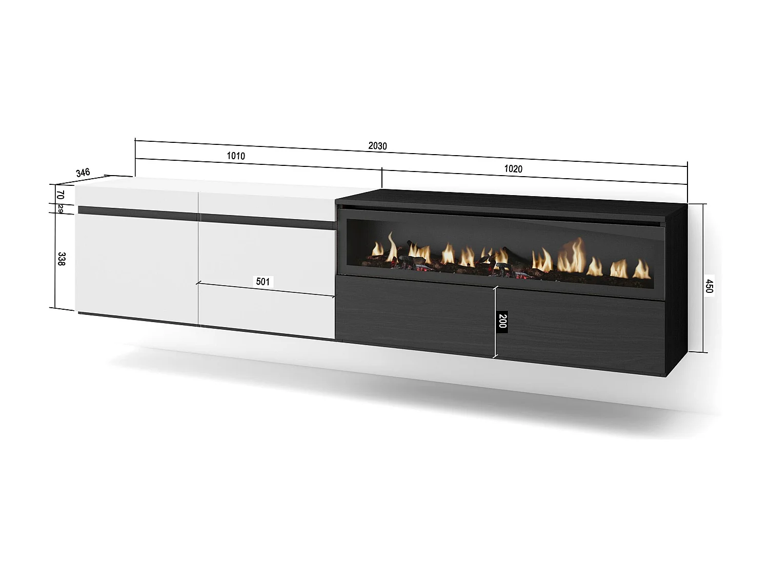 Meuble TV, Banc Télé, 200x35x45cm, Pour les TV jusqu'à 80", Cheminée électrique, Suspendu, Mural, Blanc et noir