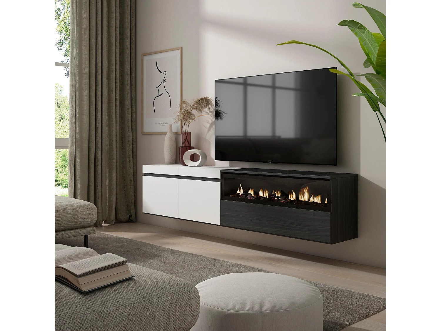 TV-Meubel, Lowboard, 200x35x45cm, Voor tv's tot 80", Elektrische haard, Hangend, Wit en Zwart