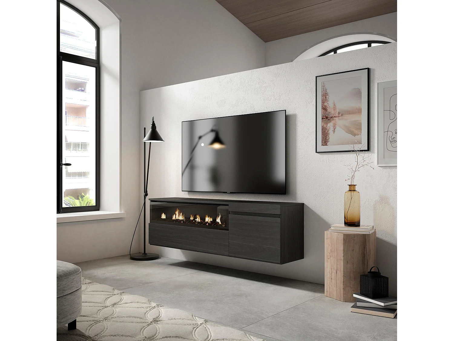 TV-Meubel, Lowboard, 150x35x45cm, Voor tv's tot 65", Elektrische haard, Hangend, Zwart