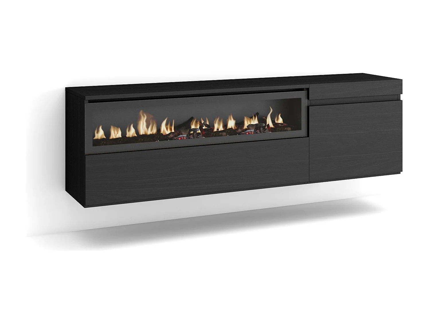 TV-Meubel, Lowboard, 150x35x45cm, Voor tv's tot 65", Elektrische haard, Hangend, Zwart