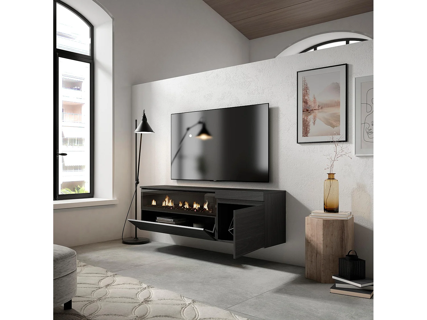 TV-Meubel, Lowboard, 150x35x45cm, Voor tv's tot 65", Elektrische haard, Hangend, Zwart