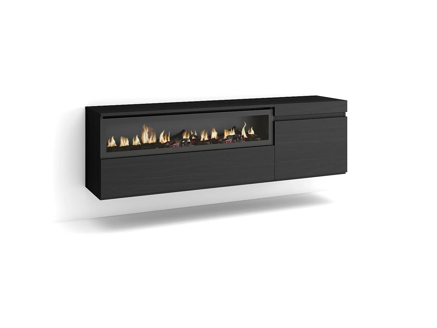Meuble TV, Banc Télé, 150x35x45cm, Pour les TV jusqu'à 65", Cheminée électrique, Suspendu, Mural, Noir