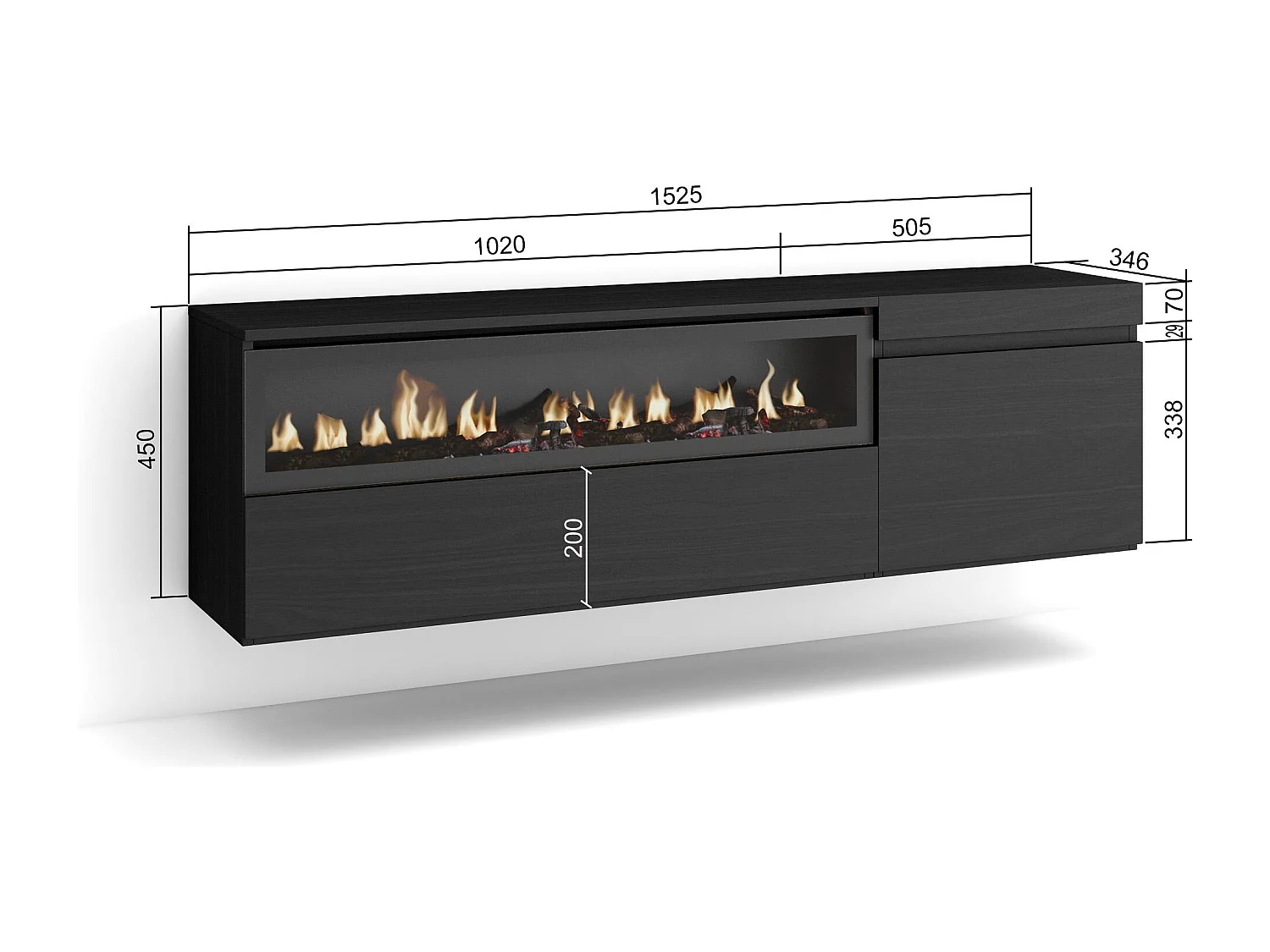 Meuble TV, Banc Télé, 150x35x45cm, Pour les TV jusqu'à 65", Cheminée électrique, Suspendu, Mural, Noir