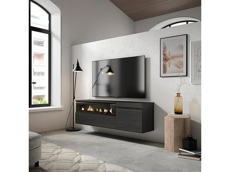 Meuble TV, Banc Télé, 150x35x45cm, Pour les TV jusqu'à 65", Cheminée électrique, Suspendu, Mural, Noir