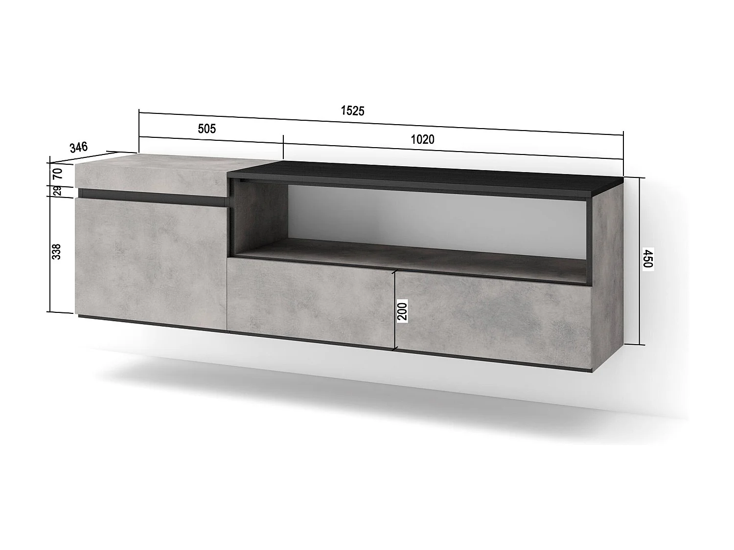 TV-Schrank, Lowboard, 150x35x45cm, Für TV-Geräte bis zu 65", Hängend, Zement
