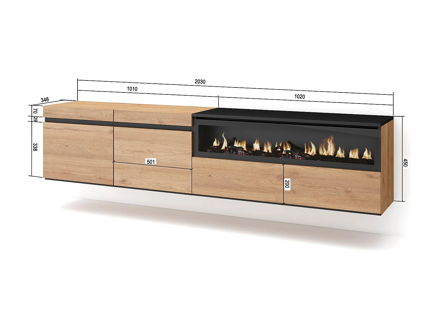 Móvel de TV, 200x35x45cm, Para televisores até 80", Lareira eléctrica, Suspensos, Carvahlo e preto