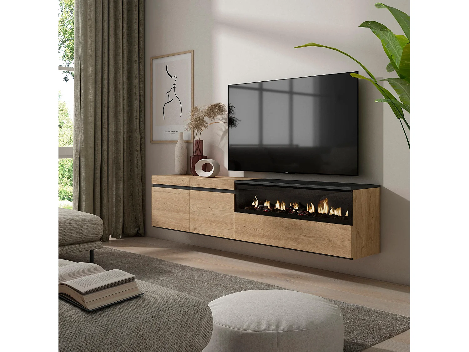 Meuble TV, Banc Télé, 200x35x45cm, Pour les TV jusqu'à 80", Cheminée électrique, Suspendu, Mural, Chêne et noir