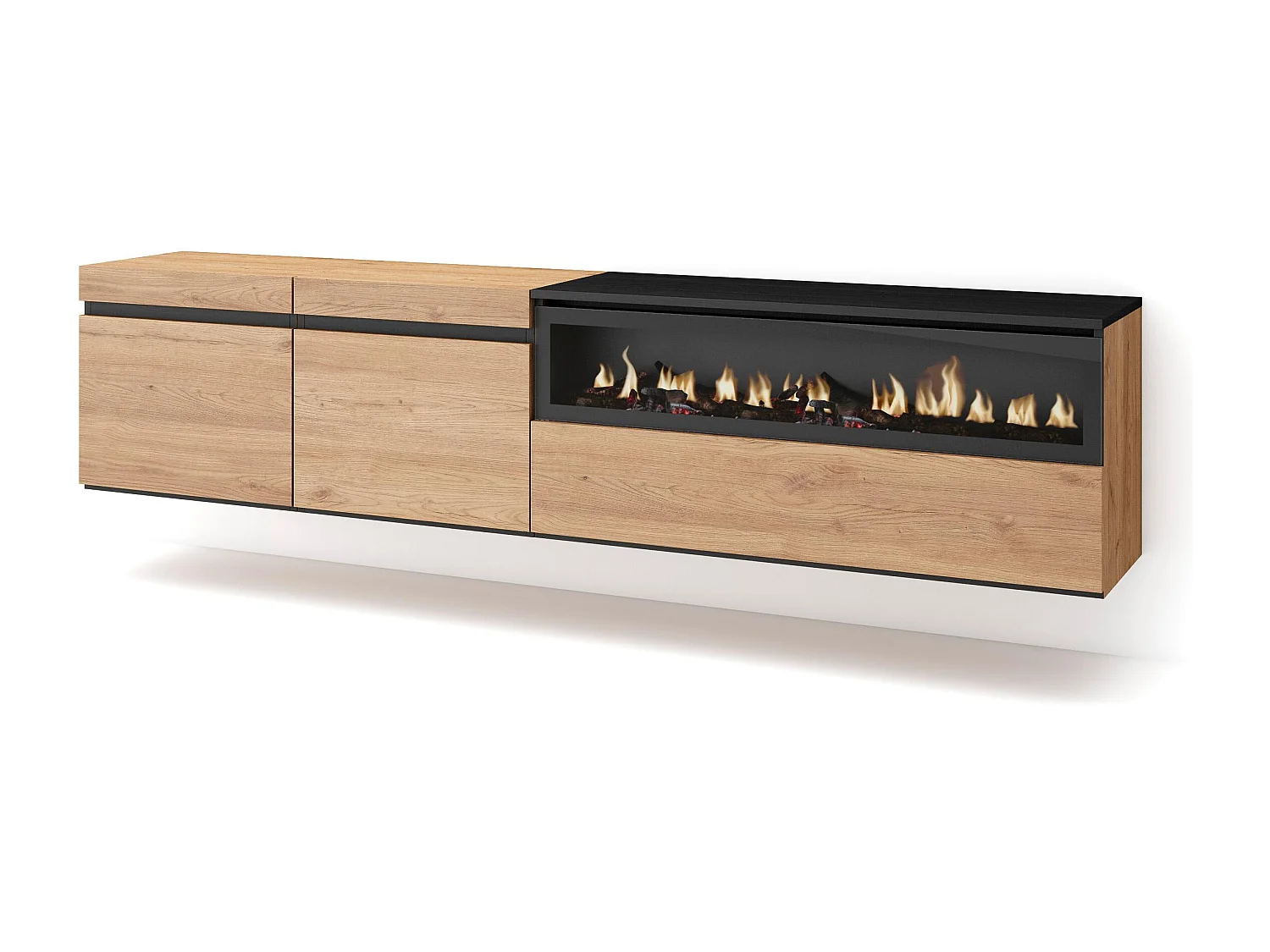 Meuble TV, Banc Télé, 200x35x45cm, Pour les TV jusqu'à 80", Cheminée électrique, Suspendu, Mural, Chêne et noir