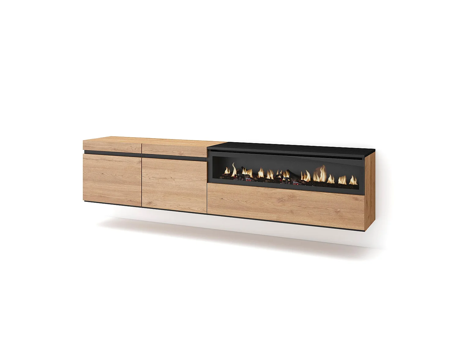Meuble TV, Banc Télé, 200x35x45cm, Pour les TV jusqu'à 80", Cheminée électrique, Suspendu, Mural, Chêne et noir