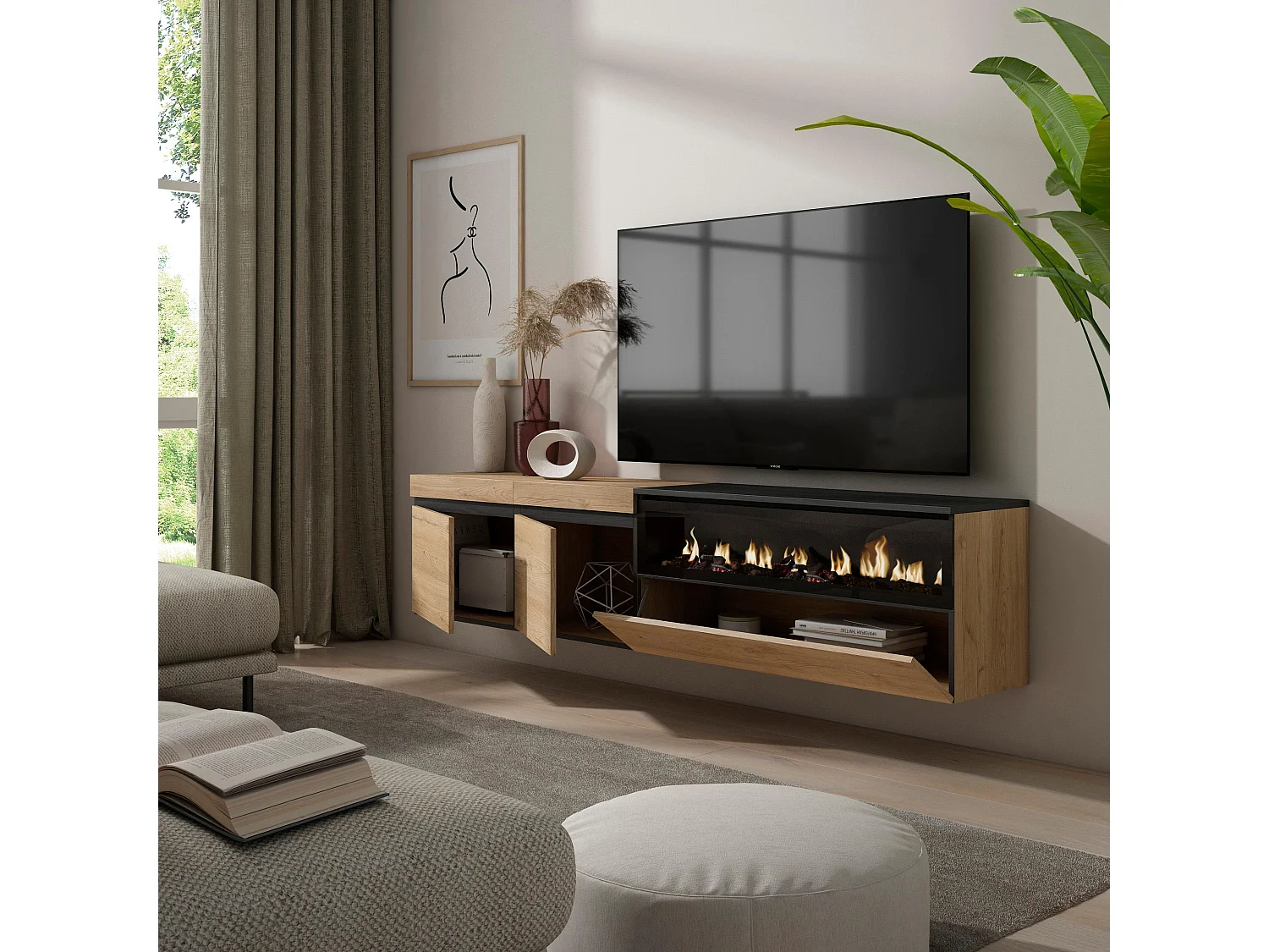 Meuble TV, Banc Télé, 200x35x45cm, Pour les TV jusqu'à 80", Cheminée électrique, Suspendu, Mural, Chêne et noir