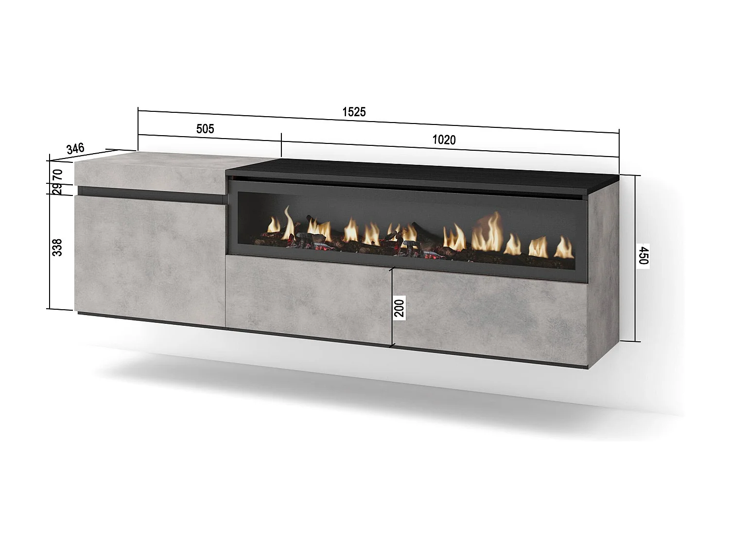Meuble TV, Banc Télé, 150x35x45cm, Pour les TV jusqu'à 65", Cheminée électrique, Suspendu, Mural, Ciment