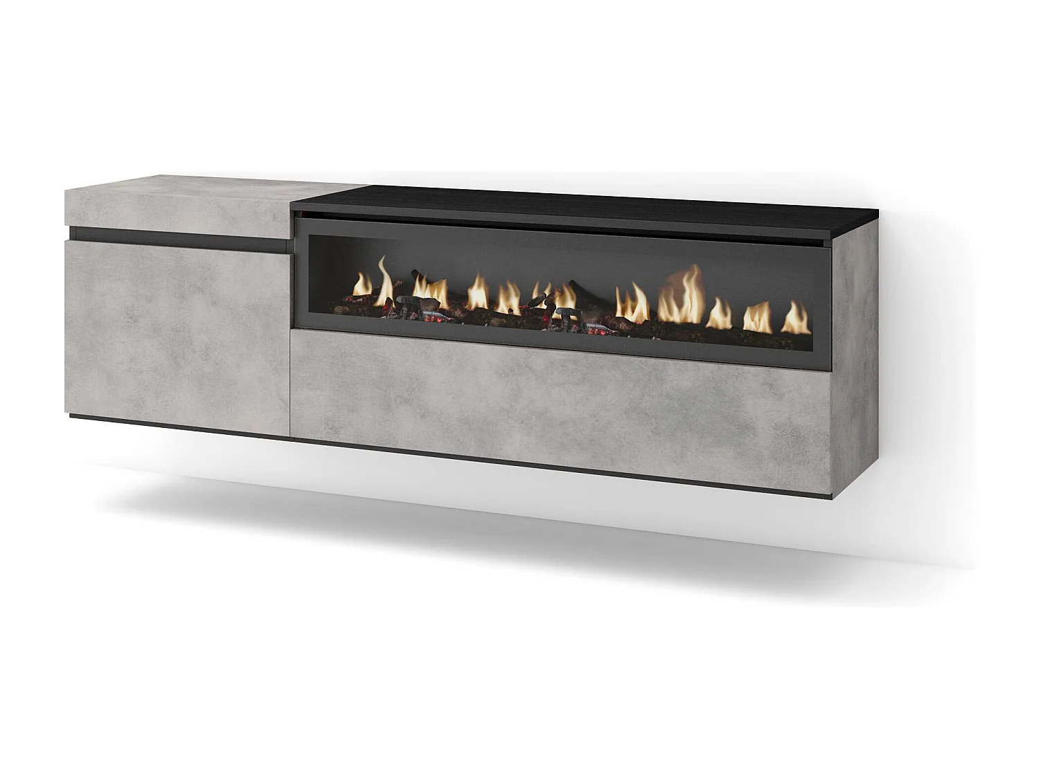 Meuble TV, Banc Télé, 150x35x45cm, Pour les TV jusqu'à 65", Cheminée électrique, Suspendu, Mural, Ciment