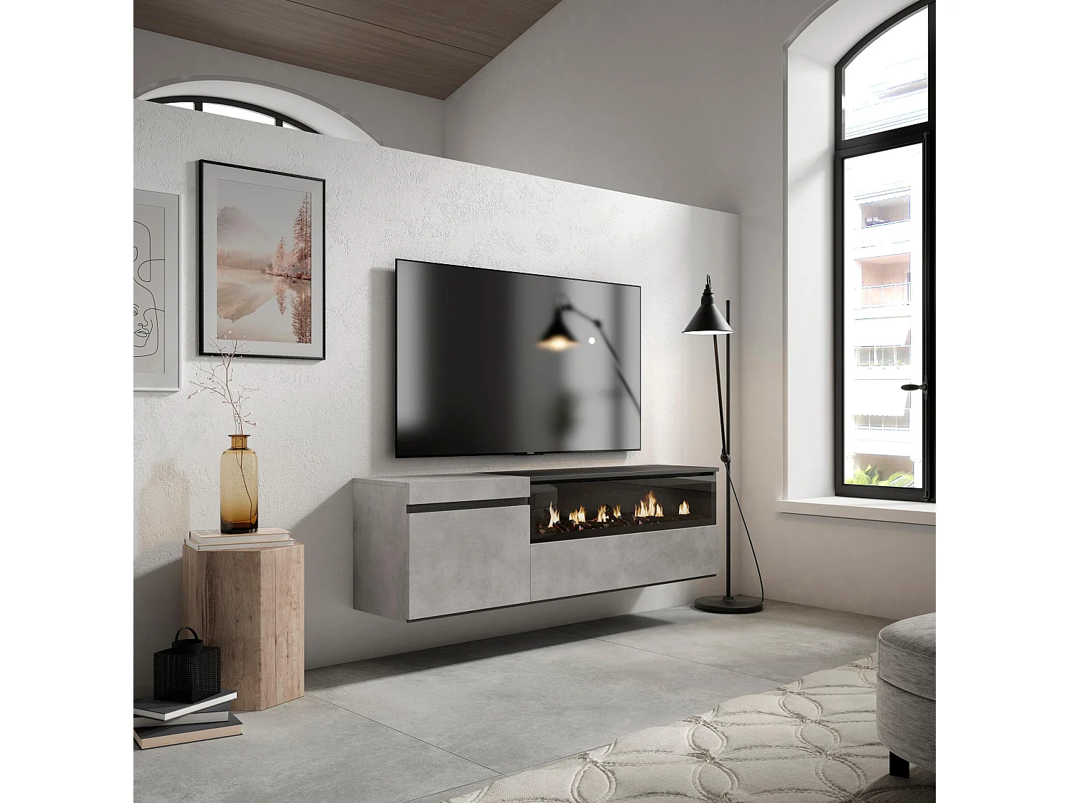 Meuble TV, Banc Télé, 150x35x45cm, Pour les TV jusqu'à 65", Cheminée électrique, Suspendu, Mural, Ciment