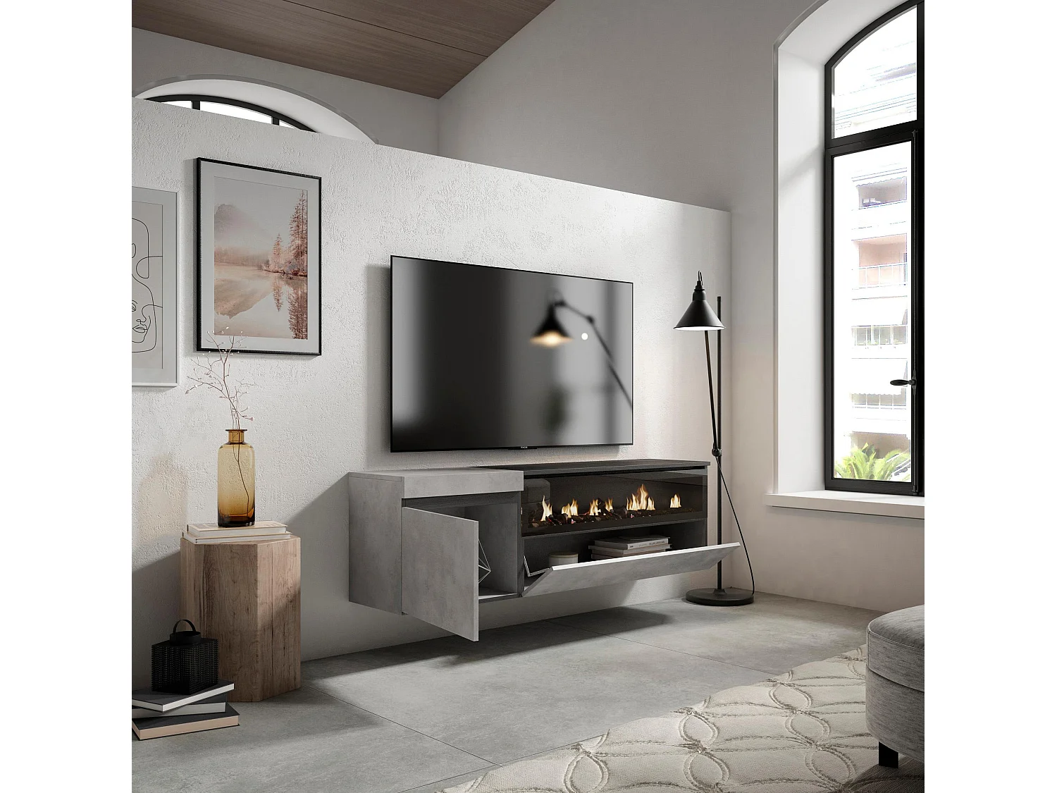 Meuble TV, Banc Télé, 150x35x45cm, Pour les TV jusqu'à 65", Cheminée électrique, Suspendu, Mural, Ciment