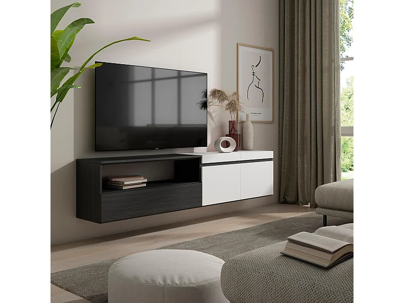 TV-Schrank, Lowboard, 200x35x45cm, Für TV-Geräte bis zu 80", Hängend, Weiß und Schwarz