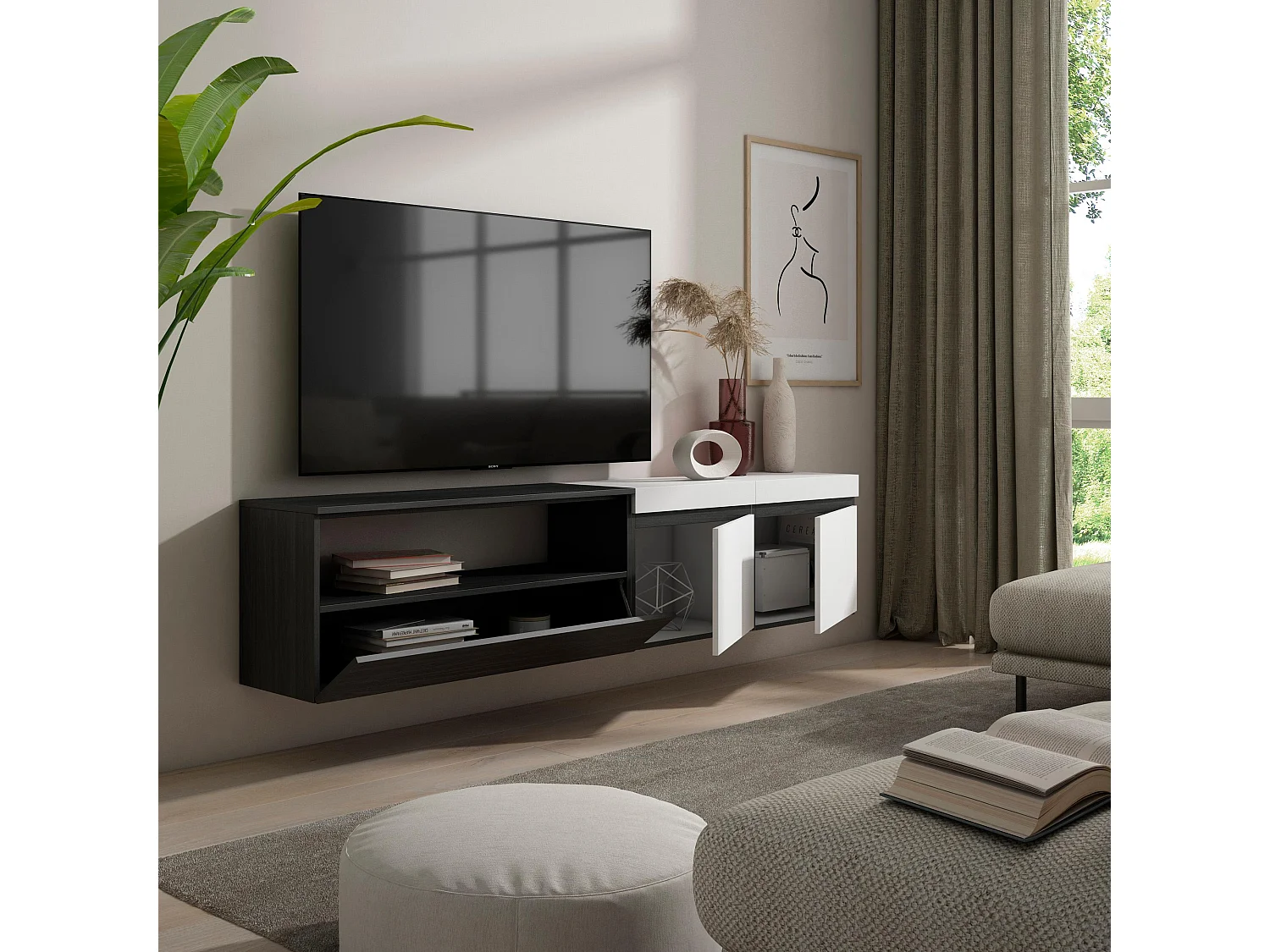 Meuble TV, Banc Télé, 200x35x45cm, Pour les TV jusqu'à 80", Suspendu, Mural, Blanc et noir