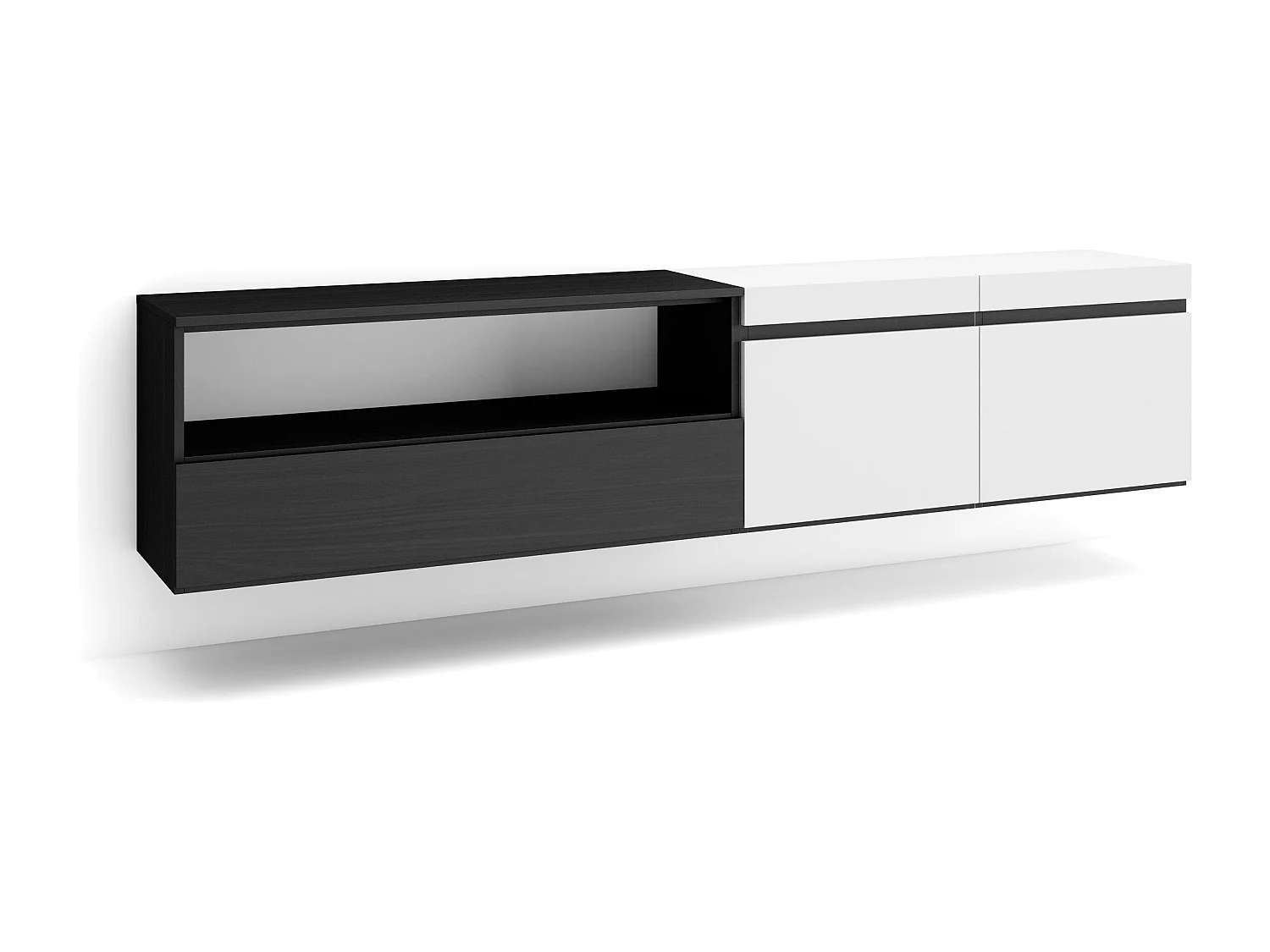 Mueble TV, Televisión, 200x35x45cm, Para TV hasta 80", Colgado, Suspendido, Blanco y negro