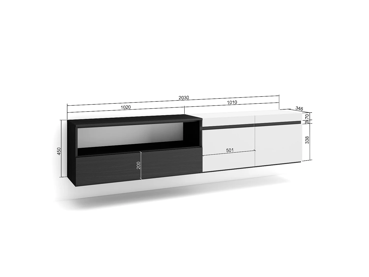 Mueble TV, Televisión, 200x35x45cm, Para TV hasta 80", Colgado, Suspendido, Blanco y negro