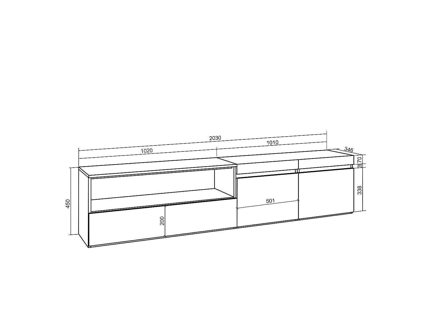 Mueble TV, Televisión, 200x35x45cm, Para TV hasta 80", Colgado, Suspendido, Blanco y negro