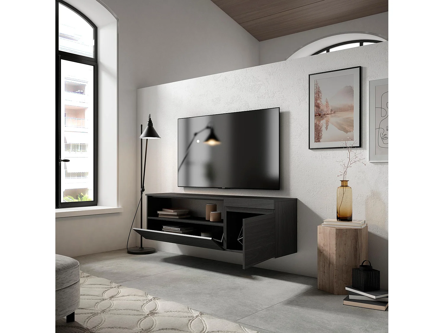 Meuble TV, Banc Télé, 150x35x45cm, Pour les TV jusqu'à 65", Suspendu, Mural, Noir