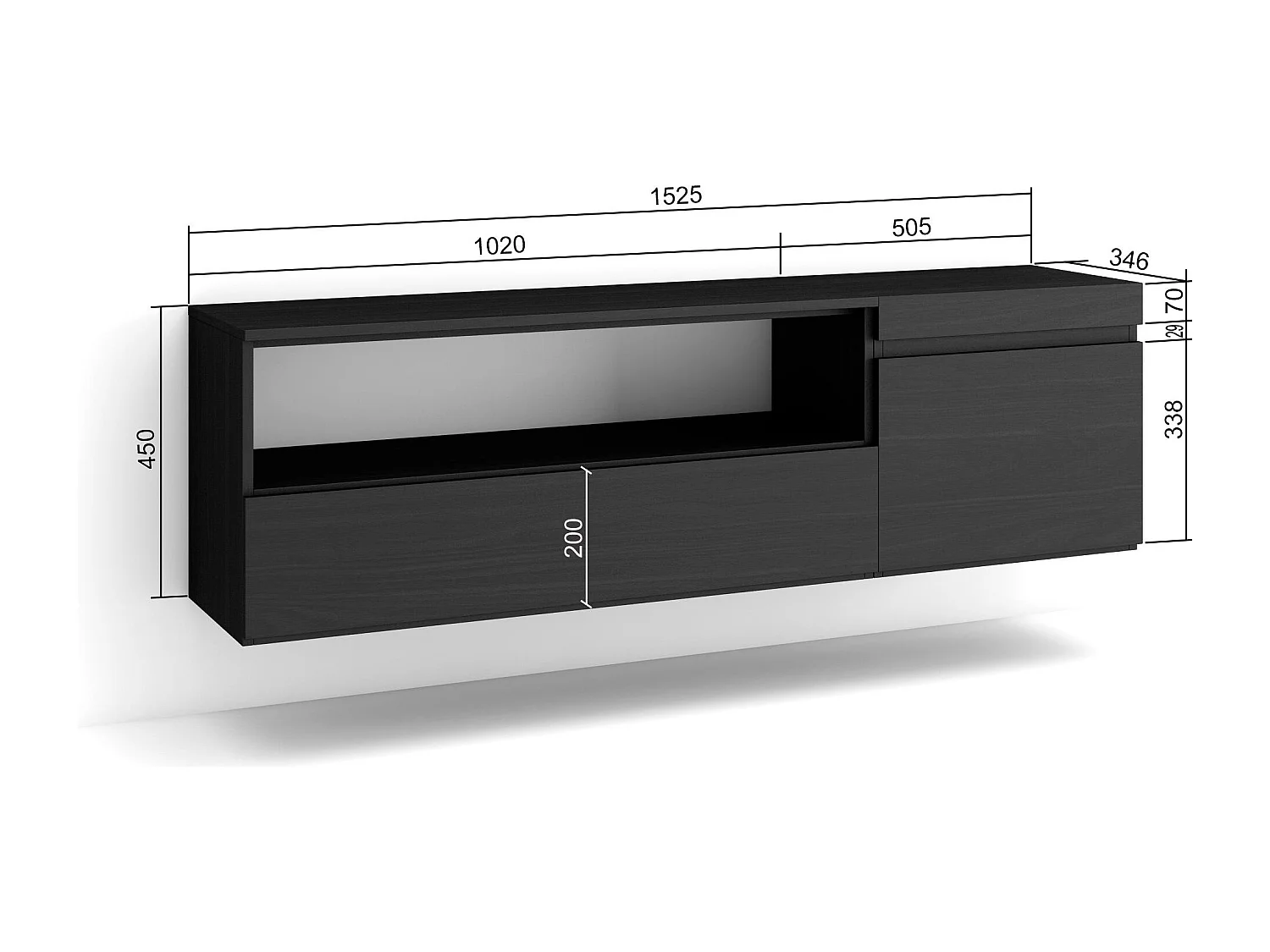 Meuble TV, Banc Télé, 150x35x45cm, Pour les TV jusqu'à 65", Suspendu, Mural, Noir