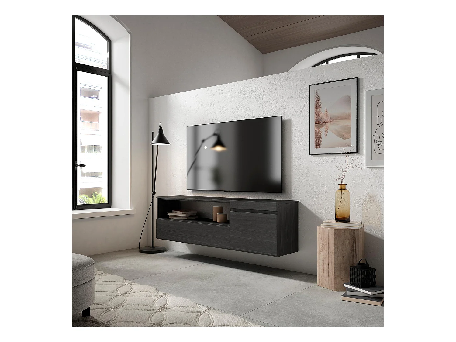 Meuble TV, Banc Télé, 150x35x45cm, Pour les TV jusqu'à 65", Suspendu, Mural, Noir