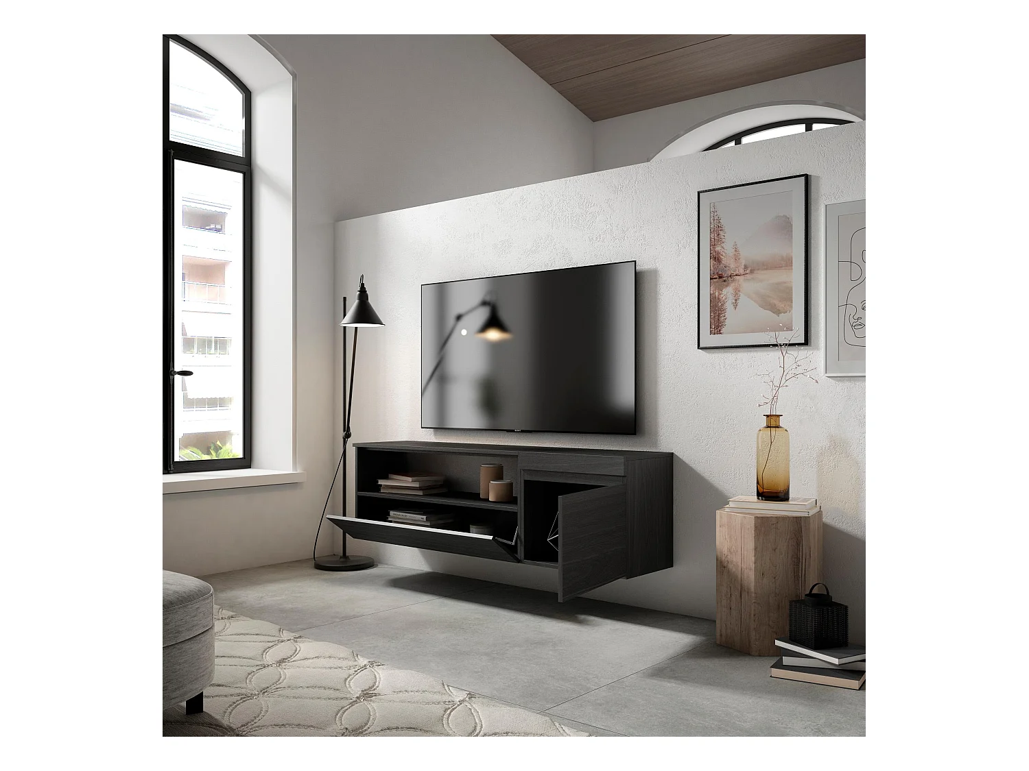 Meuble TV, Banc Télé, 150x35x45cm, Pour les TV jusqu'à 65", Suspendu, Mural, Noir